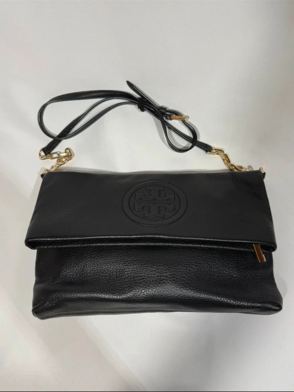 Tory Burch black leather Bombe envelope fold over crossbody bag